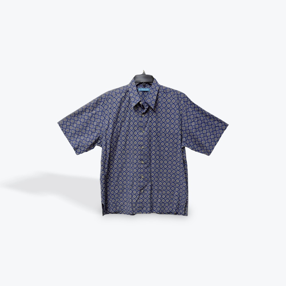 Tori Richard Mens Blue Geometric Cotton Lawn Short Sleeve Button Down Shirt M‎